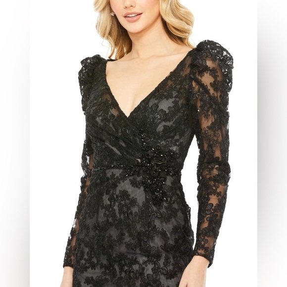 Max Duggal 11324 NWT EMBROIDERED LACE PUFF SLEEVE WRAP OVER GOWN - Picture 4 of 12